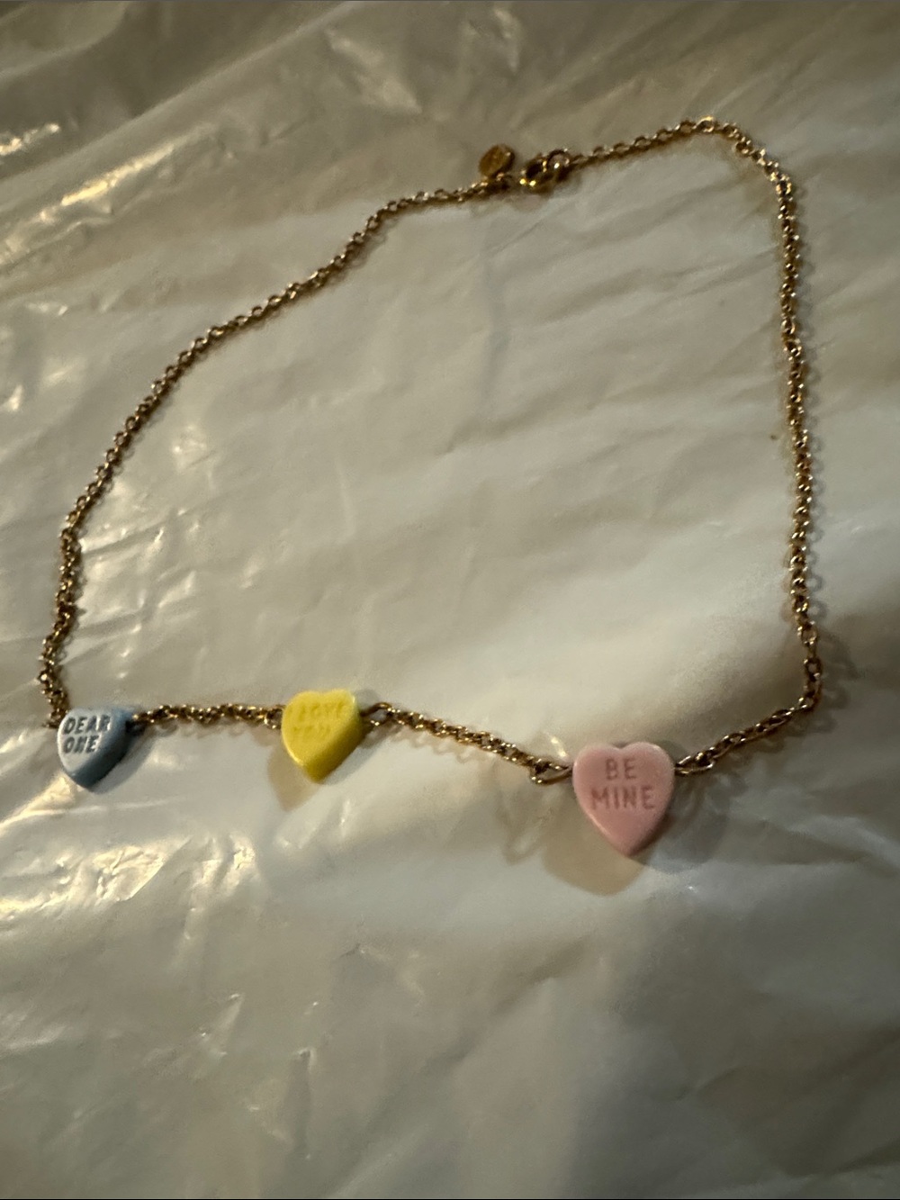 Avon Vintage Gold-Tone Necklace with Blue, Yellow & Pink Heart Charms